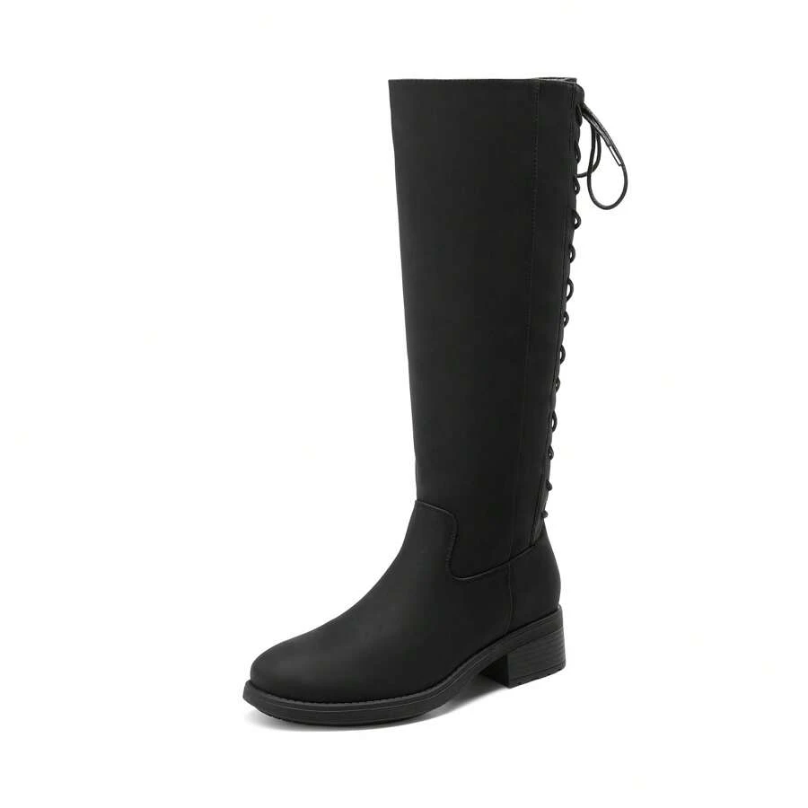 Women's Knee-High Boots, Comfortable Chunky Block Heel Pointed Toe Pull On Side Zipper Suede Slouch Riding Boots