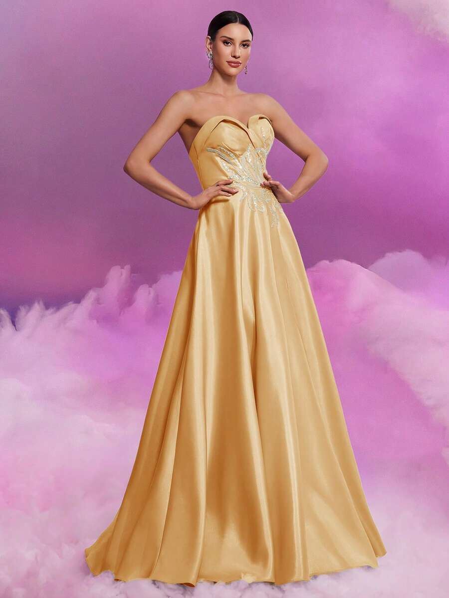 BluePlum Women Heart Shaped Bandeau Floor Length Gown, Elegant Luxury Backless Fitted Formal Party Cocktail Evening Dress With High Slit A-Line Dress, Spring/Summer, Wedding Guest Dress