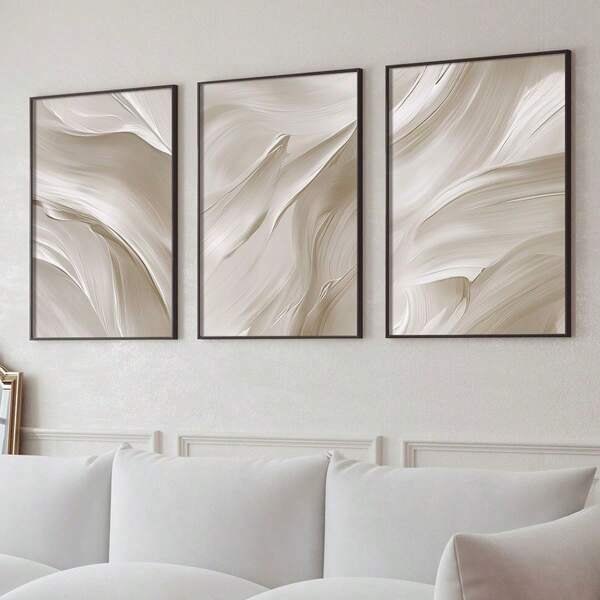 Conjunto de 3 impressões de arte de parede abstratas bege, pôsteres de tela minimalistas em tons neutros e suaves, arte com pinceladas brancas, decoração de parede grande e moderna, arte para sala de estar, quarto, cozinha, café, bar, escritório em casa, corredor, decoração para casa e quarto, sem moldura