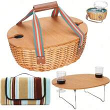 Cesta de picnic para 2 personas con manta - Cesta de picnic de mimbre con mesa | Juego de picnic de mimbre para 2 personas con nevera térmica grande | Cesta de mimbre con juego de cubertería | Cesta de regalo para Navidad