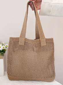 1pc Fashionable Knitted Tote Bag, Mesh Beach Handbag For Summer Vacation, Boho Knit Bag - Large Capacity Women Shoulder Bag