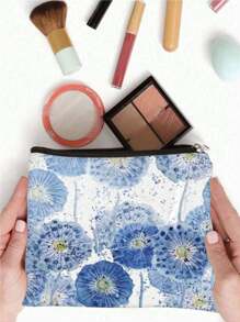 Fashionable Indigo Blue Dandelion Floral Makeup Bag - Foldable Lightweight Cosmetic Organizer Bag With Double-Sided Print, Lining And Zipper, Suitable For Women And Girls Travel Essentials Travel Accessories Travel Must Haves
