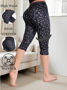 Women's Casual Stretchy Sporty Printed Leggings, Soft & Comfortable Floral Daisy Patterned, Suitable For Fitness, Workout, Running, Lifting, Outdoor Activities, Daily Wear, Capri Length