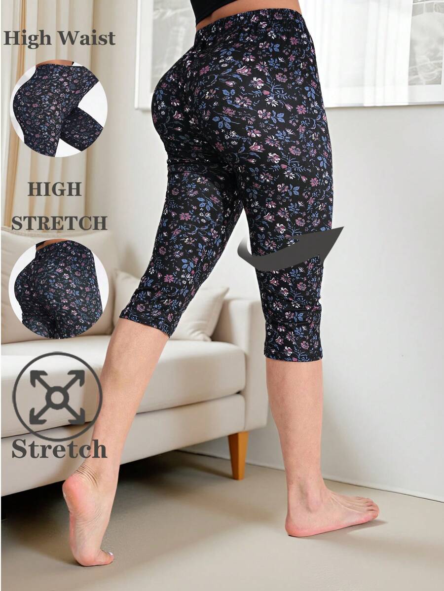 Women's Casual Stretchy Sporty Printed Leggings, Soft & Comfortable Floral Daisy Patterned, Suitable For Fitness, Workout, Running, Lifting, Outdoor Activities, Daily Wear, Capri Length