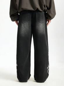 INFLATION Men's Simple Casual Front Button Pocket Print Denim Jeans, Emo Style, Grunge - Black - View 3