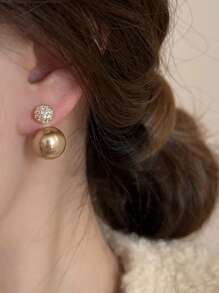 1 Pair Elegant High-End Minimalist Champagne Pearl & Rhinestone Inlaid Earrings, Versatile For Daily Wear