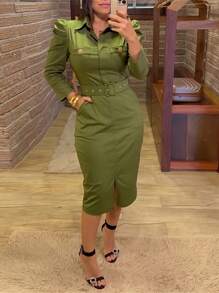Solid Color Casual Elegant Bodycon Cargo Midi Dress With Pockets (No Belt) - Army Green - View 3