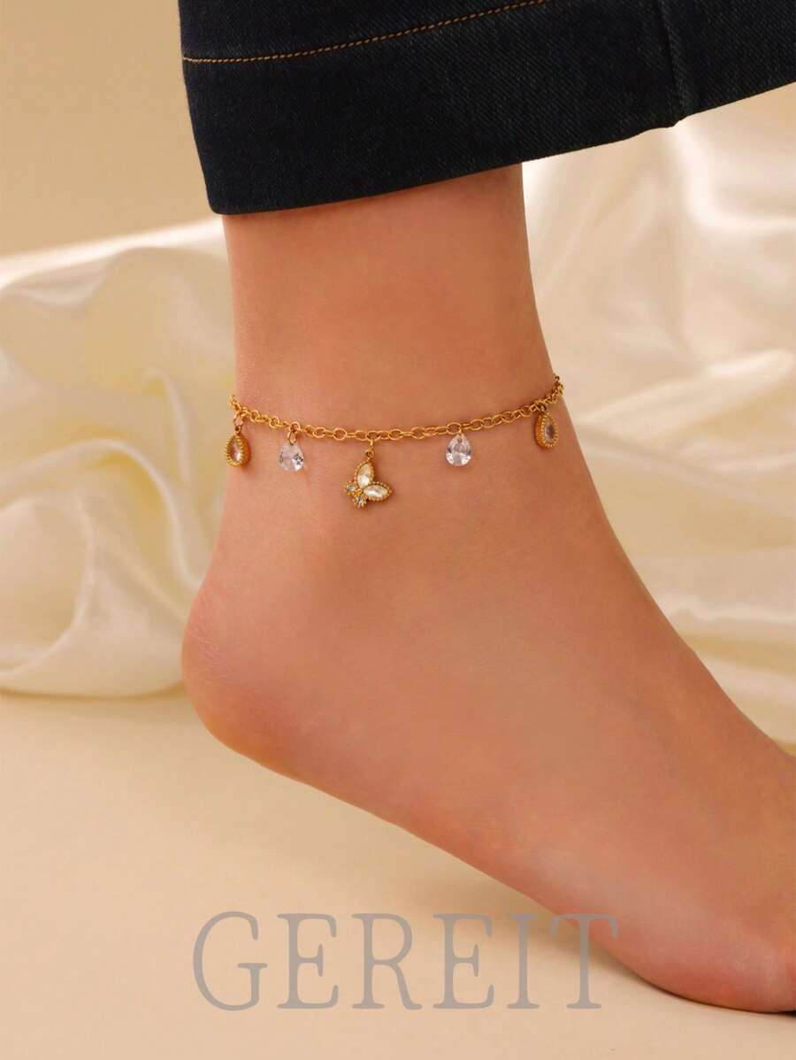 1pc Elegant 18K Stainless Steel Cubic Zirconia Butterfly Tassel Single Layer Anklet Suitable For Women Everyday & Holiday Wear - Butterfly - View 1