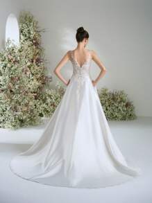 Elasola 婚纱白色深 V 领缎面华丽正式晚会舞会浪漫婚礼宾客礼服，优雅新娘婚纱 - 白色 - 查看 3