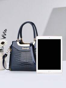 Solid Color Crocodile Embossed Square Handbag, Tote Bag, Classic Fashion Shoulder Bag, Ladies Textured Office Bag - Navy Blue - View 3