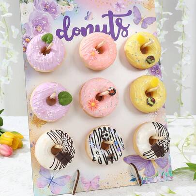 1 套 26*35 厘米木制甜甜圈展示架支架板，适用于 9 个甜甜圈、食品展示架、DIY 甜点装饰道具、蛋糕装饰架、春季装饰、紫色蝴蝶主题派对生日派对桌面装饰婴儿洗礼婚礼性别揭秘派对用品