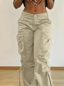 Y2K Street Flap Pocket Tape Detail Loose Casual Wear Wide Leg Parachute Cargo Pants - 杏色 - 查看 5
