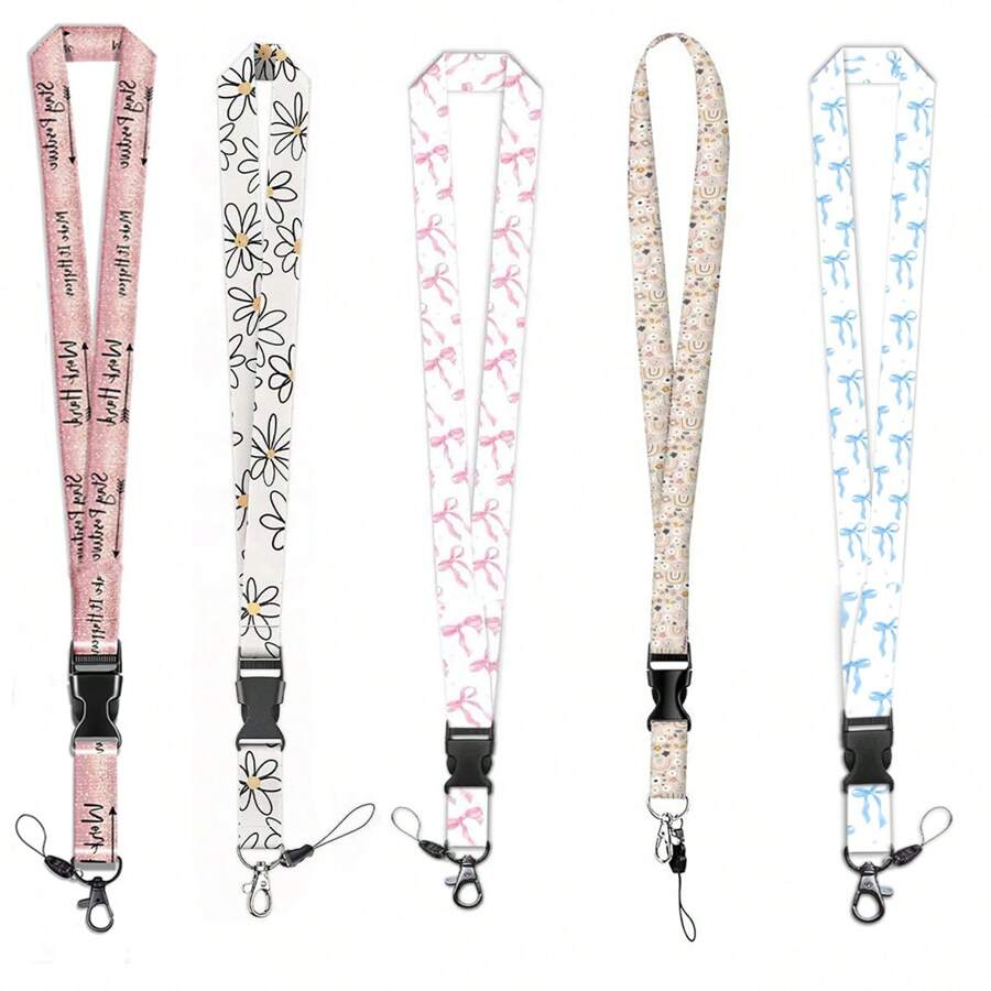 1pc Versatile & Multi-Pattern English ID Card Lanyard, 20.91 Inch (53.1 Cm) Simple & Fashionable Detachable Neck Strap For Teachers, Nurses, Daily Use, Office Supplies - White Flower, Pink Stay Arrow, Rainbow Flower Styles,School Supplies,Back To School