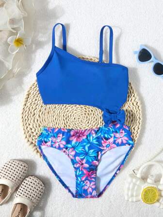 Tween Girl Navy Blue Personalized Hollow Out Waist Random Print One-Piece Swimsuit