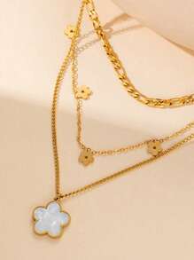 1 Multi-Layered Wear Retro Smooth Shell Floral Pendant Stainless Steel Three-Layer Petal Chain Necklace Suitable For Women's Daily Wear - Multicolor - View 6