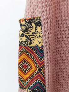 Plus Size V-Neck Random Print Pocket Knitted Sweater Dress Casual Pink - Pink - View 5