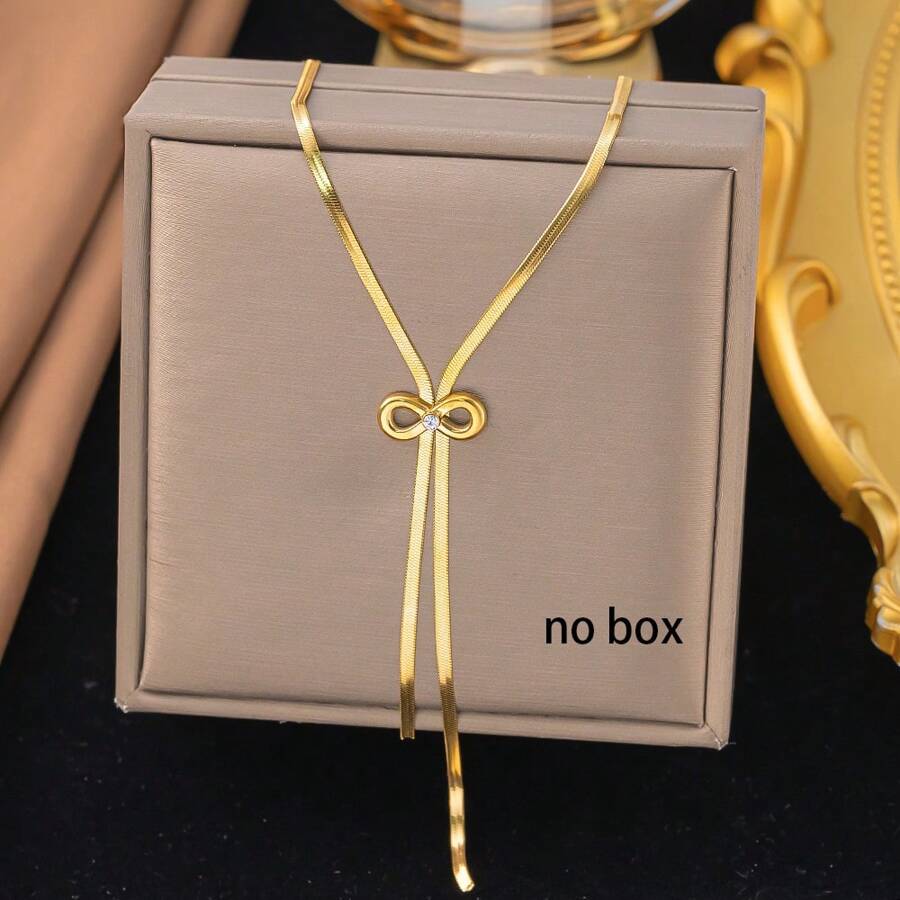 新款欧美热销单钻蝴蝶结项链，时尚奢华高端不锈钢单钻蝴蝶结耳环，女士百搭日常配饰 - 金色 - 查看 1