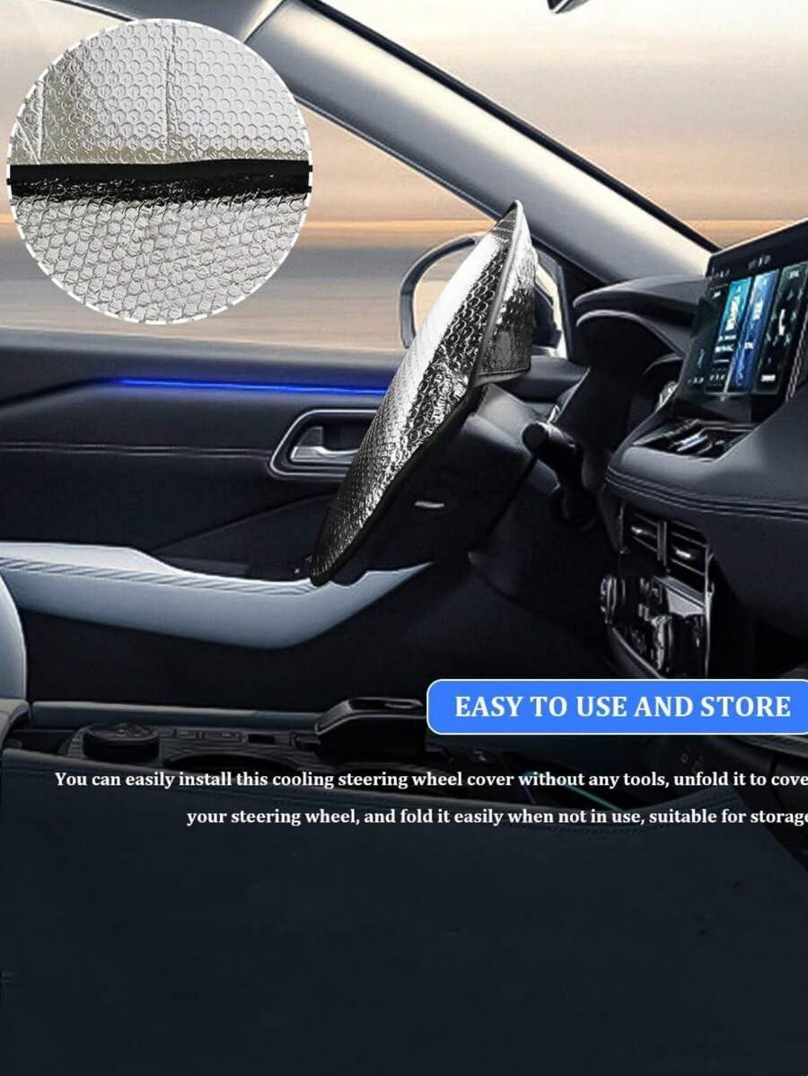 1pc汽车方向盘通用太阳罩车内夏季用品防晒降温隔热防水铝箔 - 彩色 - 查看 1