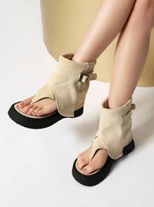 全新厚底人字拖凉鞋 女士高跟短靴 夏季性感踝靴 - 米色 - 查看 1