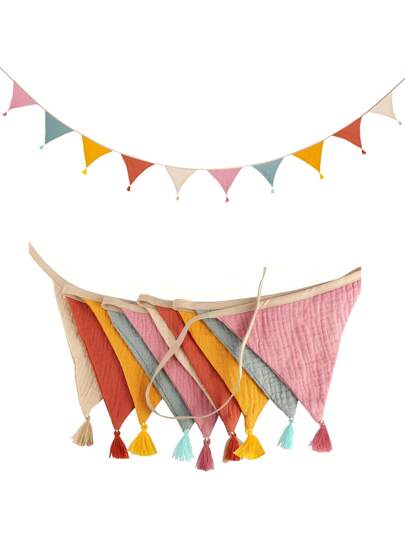 1 conjunto de bandeira triangular longa com borlas de algodão multicoloridas, faixa de tecido para pendurar, decoração de faixa de flâmula colorida para festa de aniversário, casamento, chá de bebê, amigos, família, festas de fim de ano, decoração de telhado de cerca interna e externa, decoração de berçário, enfeites para festa, sala de aula, jardim, corredor