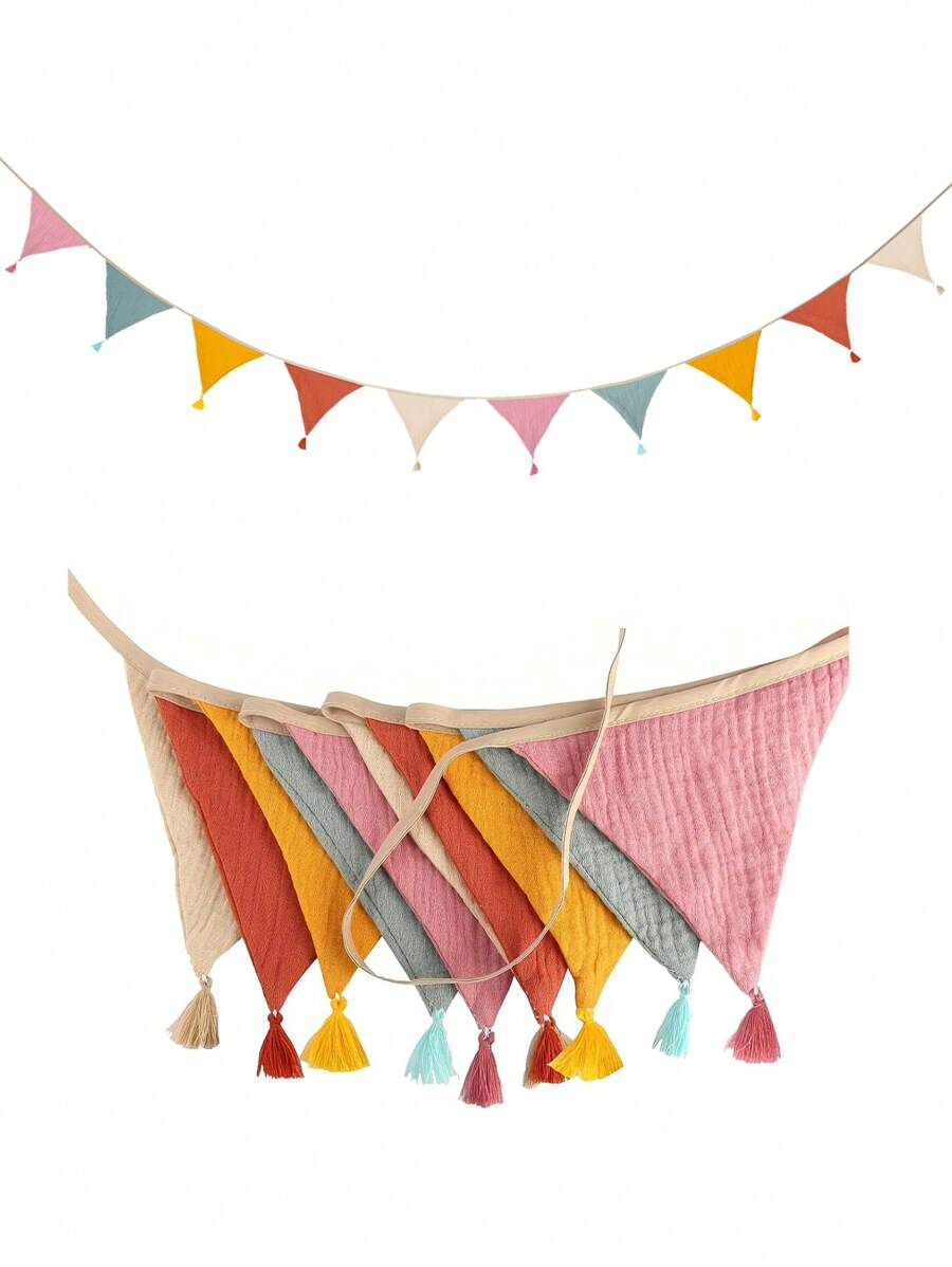1set Long Multicolor Bunting Cotton Tassel Triangle Flag, Hanging Fabric Banner, Multiple Theme Wedding Birthday Babe Shower Party Colorful Pennant Banner Decoration, Friend Family Holiday Gatherings Indoor Outdoor Fence Roof Decor, Nursery Decor, Party Classroom Garden Corridor Ornaments