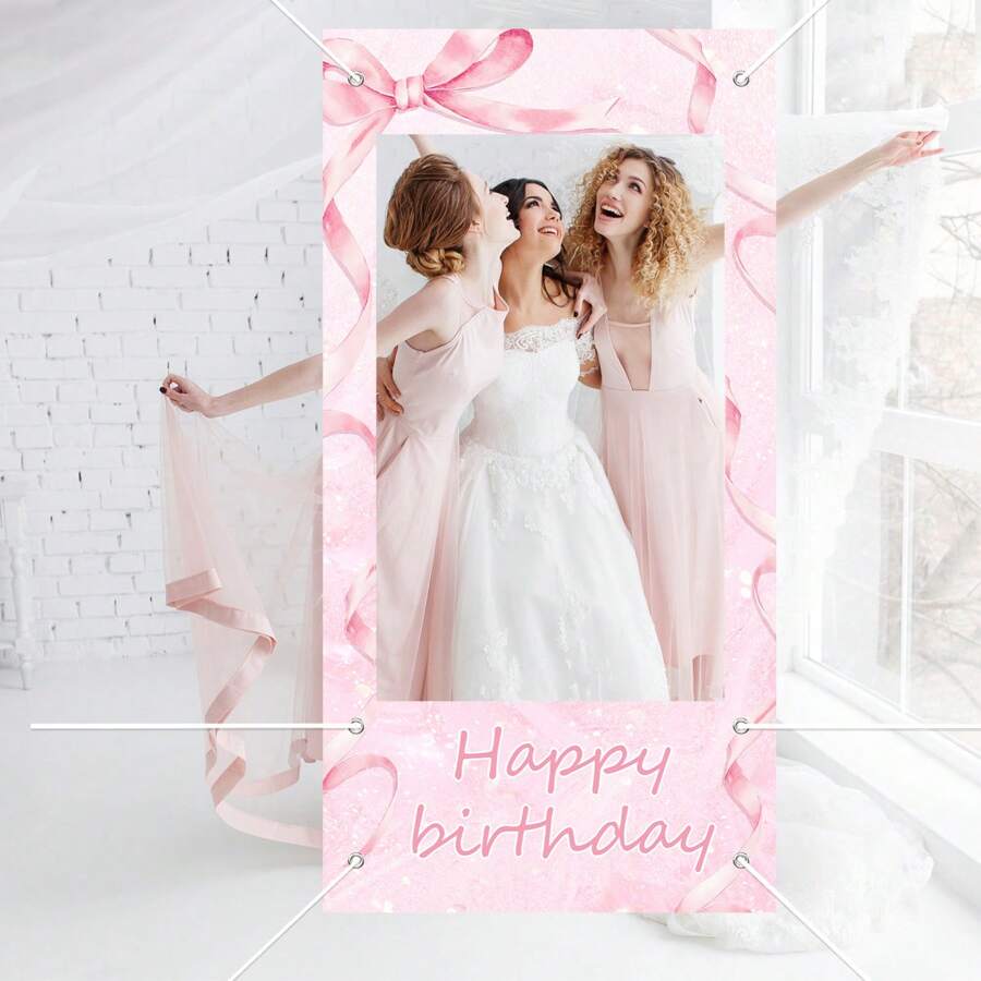 1Pc-Polyester-Bow Photo Props Banner,Pink Bow Party Decoration Photo Props Backdrop Frame For Happy Photo Door Banner - Multicolor - View 1