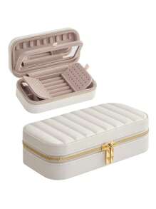 1pc Dual Metal Zipper Portable Jewelry Box With Independent Mirror, Earrings, Necklace Storage Box, Multi-Functional Accessory Travel Case