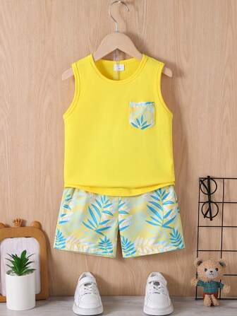 2 件套男童休闲树叶印花圆领背心和短裤套装
