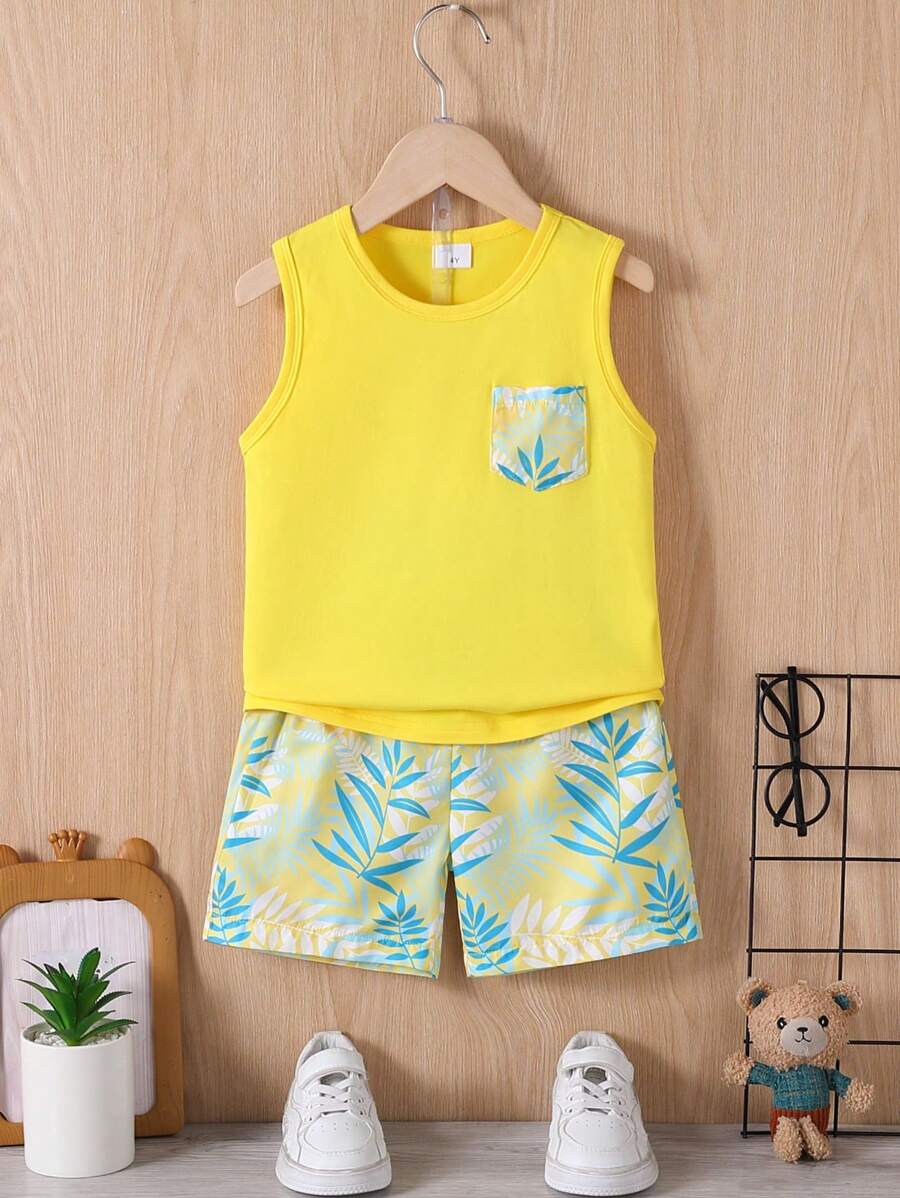 2pcs/Set Young Boy Casual Leaf Print Round Neck Top And Shorts Set - Yellow - View 1