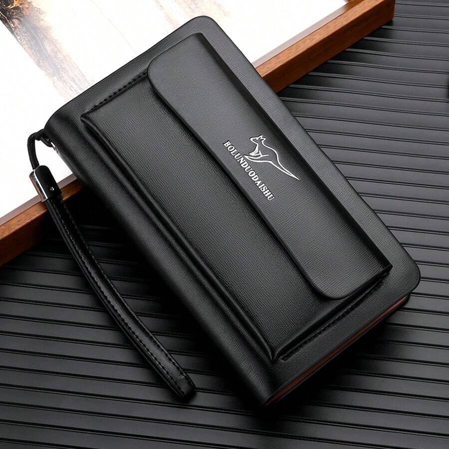 A Black And Brown PU Material Waterproof And Wear-Resistant Double Zipper Closure Business Men's Wallet Clutch Bag Multi-Functional Large Capacity Hand-Held Bag New Style For Spring And Summer Money-Making Wallet Black Purse Card Holder New Year Gift
