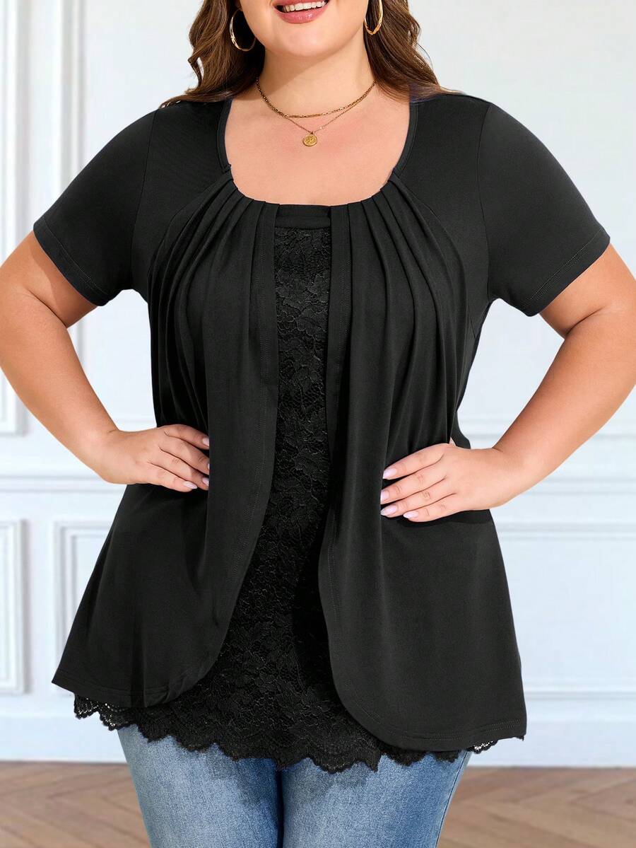 Plus Size Casual Solid Color Lace Panel Short Sleeve T-Shirt - Black - View 1