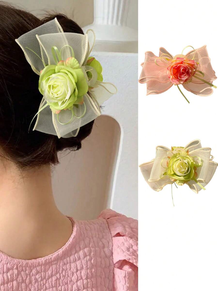 1 件女士大号飘逸网状蝴蝶结复古玫瑰发夹，法式发髻装饰发夹，春夏度假风