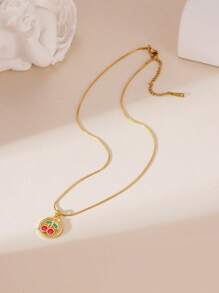 1pc 18K Stainless Steel Oil-Drop Strawberry & Cherry Zirconia Necklace, Elegant Jewelry Accessory For Women, Suitable For Daily Wear And Gatherings