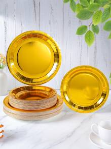 Platos desechables de papel dorado de 7/9 pulgadas, platos desechables dorados, suministros para fiestas, fiestas desechables, fiesta de cumpleaños, fiesta de regalos, suministros de decoración para celebraciones - Dorado - Ver 1