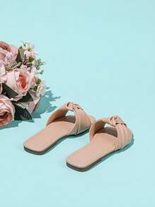 1 Pair Fashionable Flat Woven Flat Slippers For Girl - Apricot - View 6