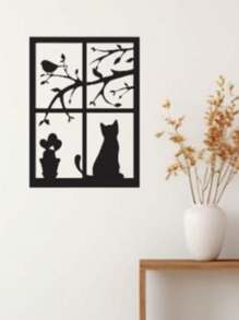 Quadro Vazado Gato Na Janela decoração Moderna Quadro MDF Preto decorativo