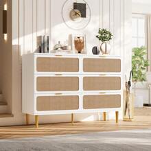 Studyset Rattan 6 Drawer Dresser For Bedroom,6 Drawer Wide Dresser,Farmhouse Chest Of Drawers With Deep Drawers,Large Double Dresser For Closet With Wide Top,Horizontal Wooden Dresser For Hallway,Living Room,Bedroom - 白色 - 查看 2