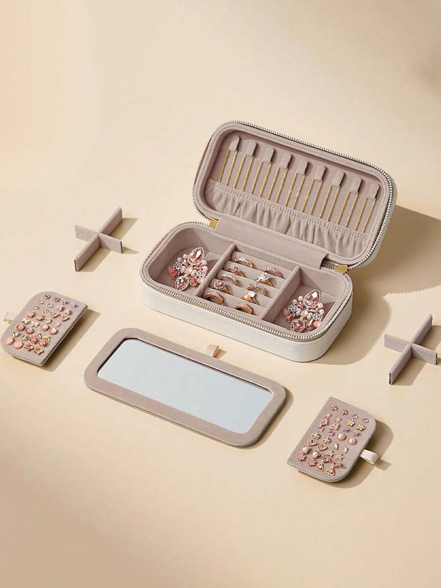 1pc Dual Metal Zipper Portable Jewelry Box With Independent Mirror, Earrings, Necklace Storage Box, Multi-Functional Accessory Travel Case
