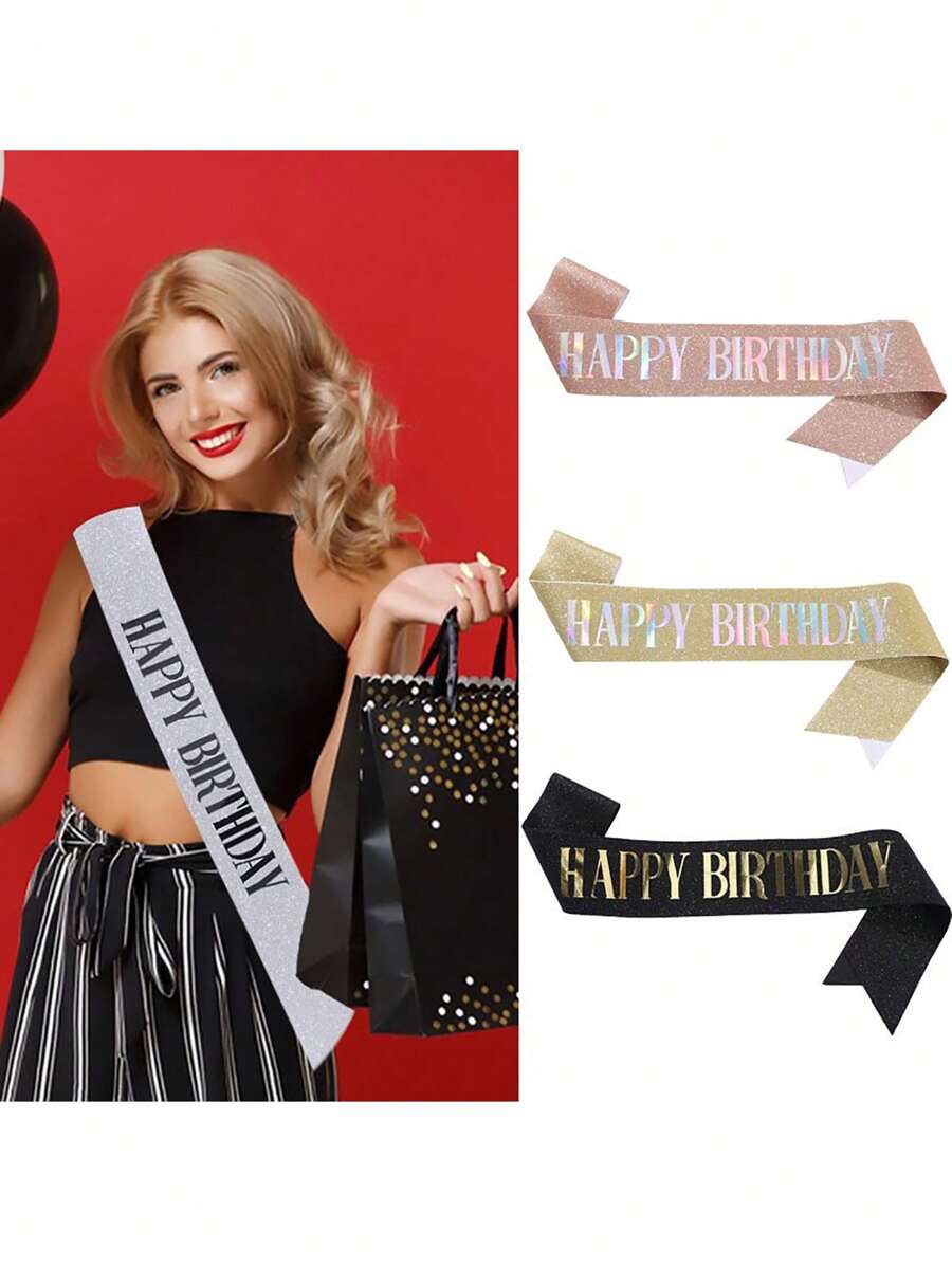 1Pc, 'Happy Birthday' Sash Ribbon For Women And Men, Happy Birthday Sash Hot Pink White Rose Gold Black With Iridescent Foil Sash For 16th 18th 21st 30th 40th 50th 60th 70th 80th 90th Birthday Sash Gift Or Any Day Party Birthday Party, For Any Age - Multicolor - View 1