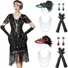 6pcs 1920s Women's Elegant & Sexy Party Decoration Accessories Set, Includes Headband, Gloves, Hand Decor, Earrings, Necklace, High-End Retro Style For Costume Parties - A - View 1