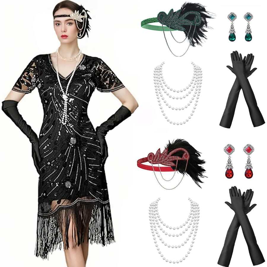 6pcs 1920s Women's Elegant & Sexy Party Decoration Accessories Set, Includes Headband, Gloves, Hand Decor, Earrings, Necklace, High-End Retro Style For Costume Parties - A - View 1