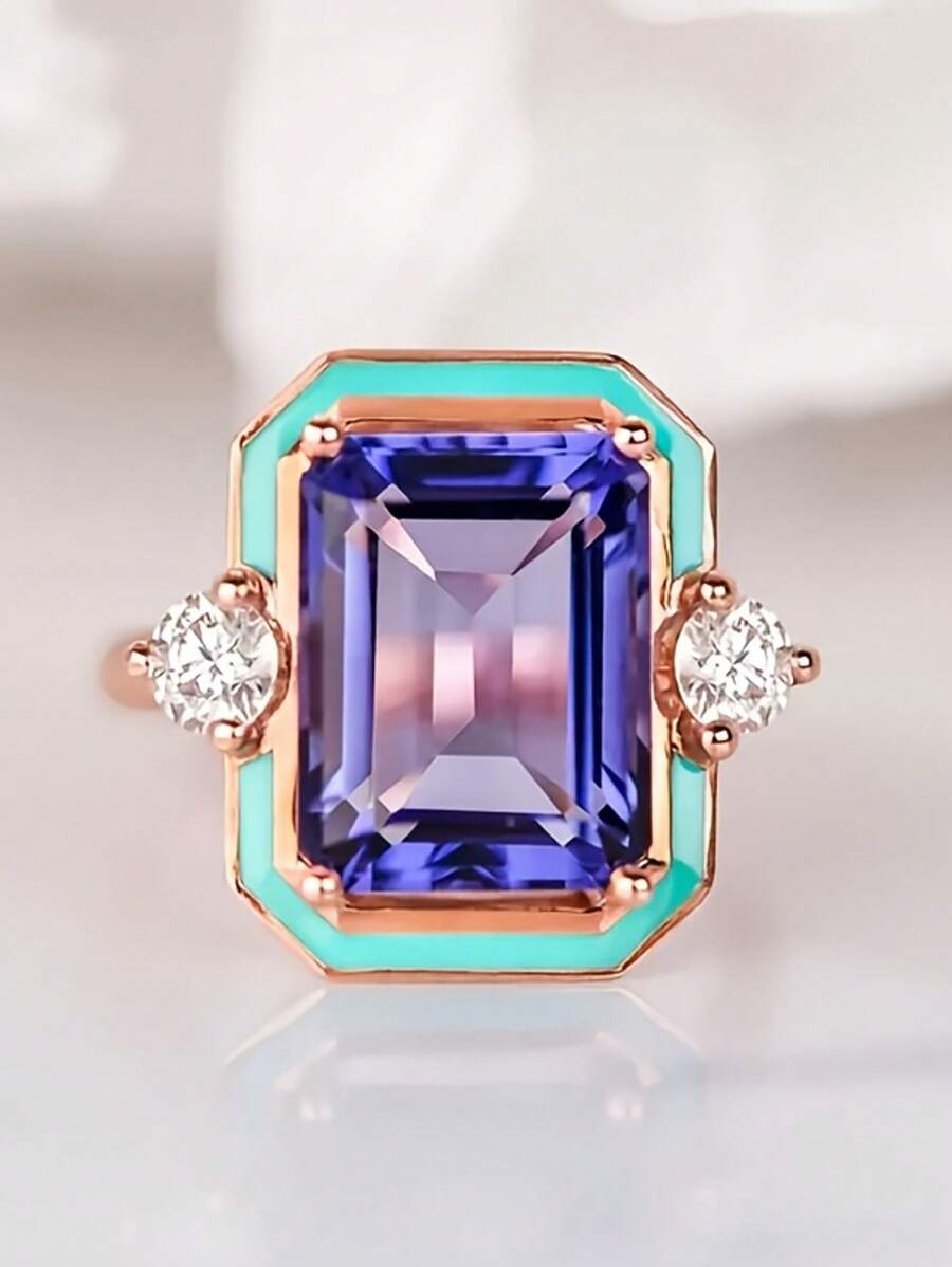1pc Fashionable Women Purple Square Cubic Zirconia Stone Ring, Suitable For Engagement, Wedding, Valentine's Day Gift