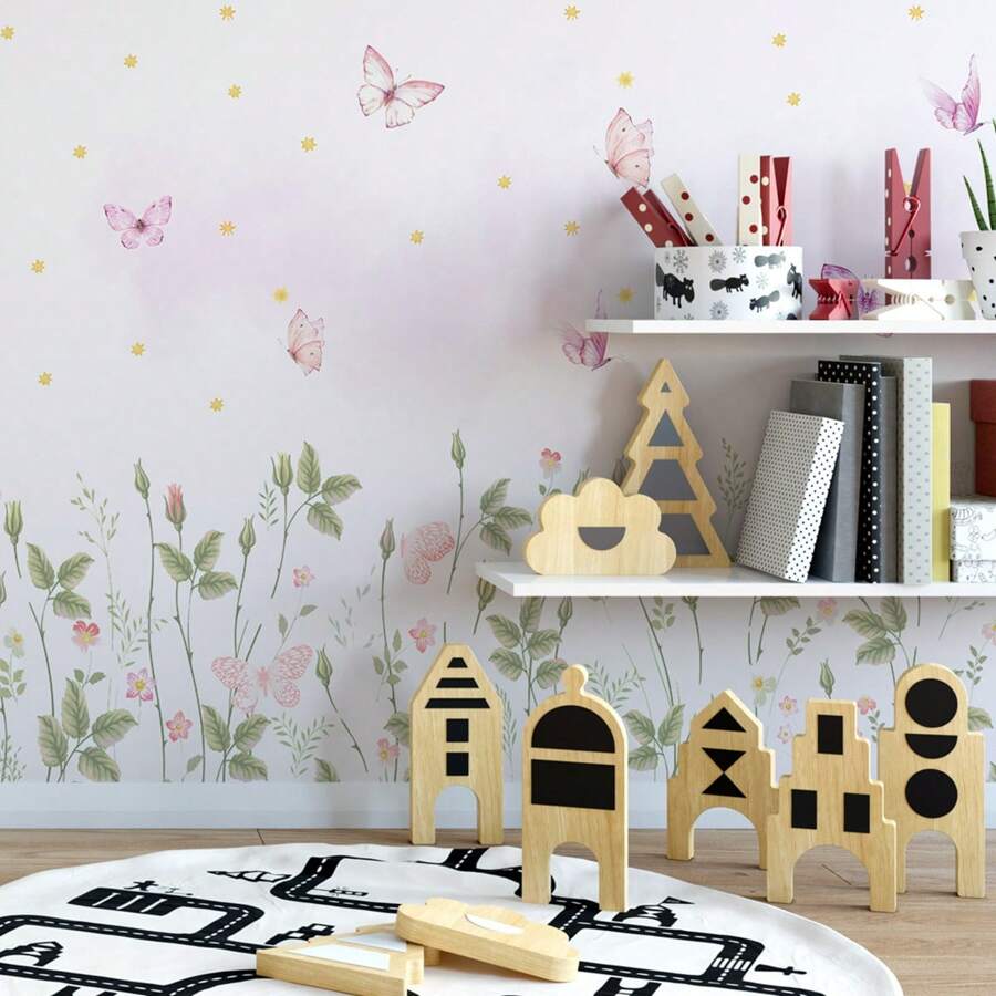 Papel De Parede Adesivo Floral Borboleta Rosa