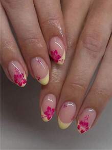 24pcs Oval Red Flower Designed French Tip Short False Nails, Elegant And Beautiful, Cute And Sweet, Ideal For Women, Spring/Summer Nail Decoration