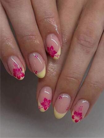 24 Stücke ovale rote Blumen designte kurze französische Tipps Kunstnägel, elegant und schön, süß und lieblich, ideal für Frauen, Frühling/Sommer Nageldekoration