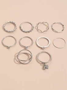 10pcs Gold Heart Shape Crystal Asymmetrical Rings Set For Women - Silver - View 3