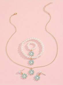 1 Set Cute & Sweet Versatile Oil Drop Flower Charm Pearl Bracelet, Rings, Earrings, Necklace, Accessories