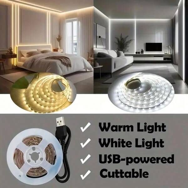 Fitas de LED USB com tema de fantasia para quarto, fitas de LED branco quente/branco, luzes de LED alimentadas por USB, decoração de quarto sem bateria, autoadesivas, adequadas para iluminação de decoração de ano novo, recortáveis