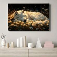 1Pc Wooden Frame The Wolf Sleeps Quietly Canvas Painting, Ready To Hang, Thickness 2.25cm/0.9 Inch High Quality Wall Painting Art Print Poster Wall Decoration, Suitable For Bedroom Bathroom Living Room, New Year Halloween Christmas Christmas Christmas Birthday And Holiday Gift