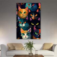 1 Piece Home Wall Decor Framed Canvas Cute Cat Animals Pattern Canvas Wall Art Paintings For Living Room - Canvas Framed Print Wall Artworks Bedroom Decoration Office Wall Decor